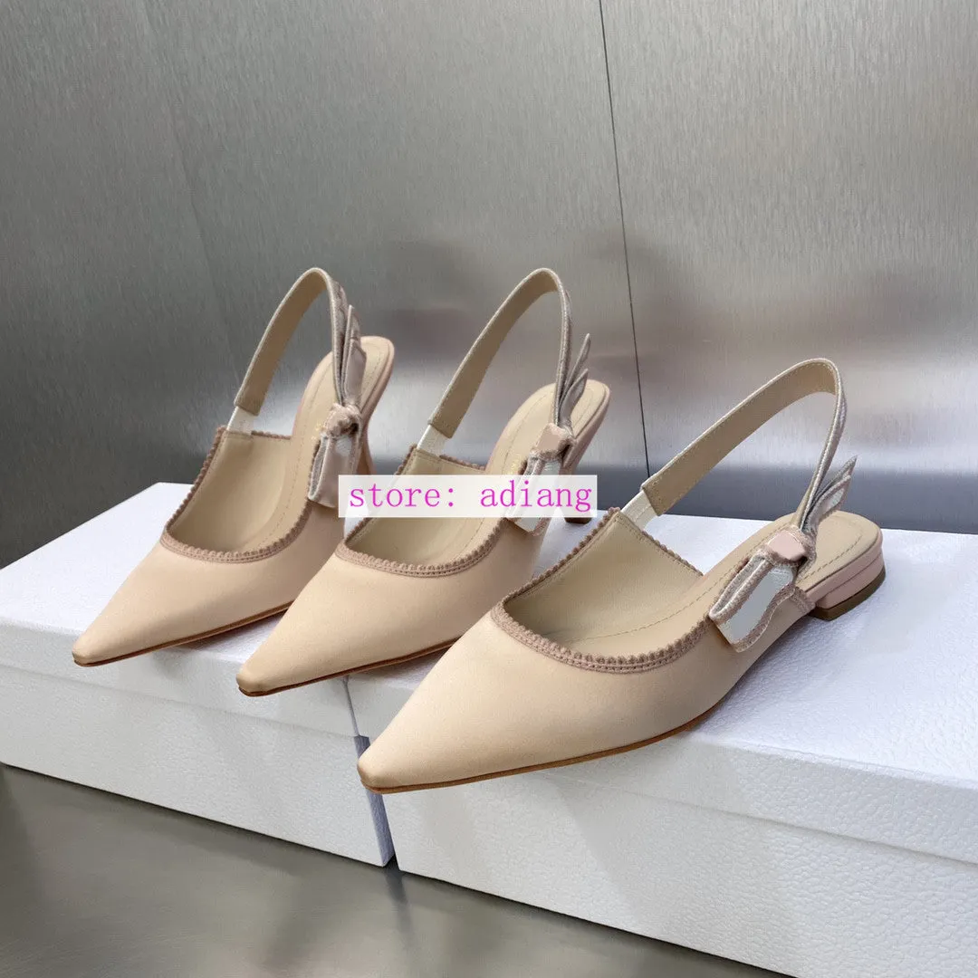 100% silk flats&6.5cm&9.5cm stiletto pump slingback sandals bow women 2023 35-44
