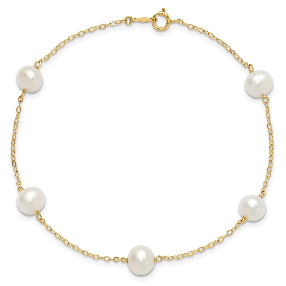 14K 7-8mm White Gold Near Round FW Cultured Pearl 5-station 9in Anklet