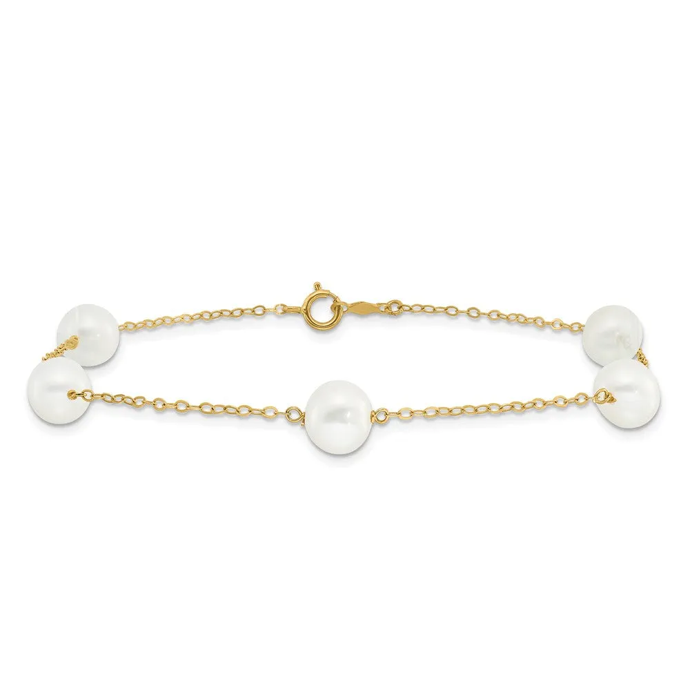 14K 7-8mm White Gold Near Round FW Cultured Pearl 5-station 9in Anklet