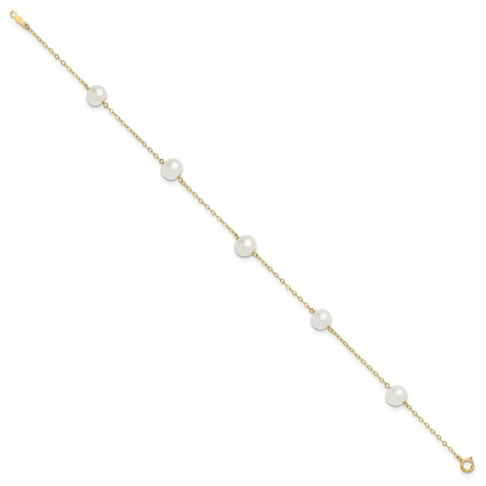 14K 7-8mm White Gold Near Round FW Cultured Pearl 5-station 9in Anklet