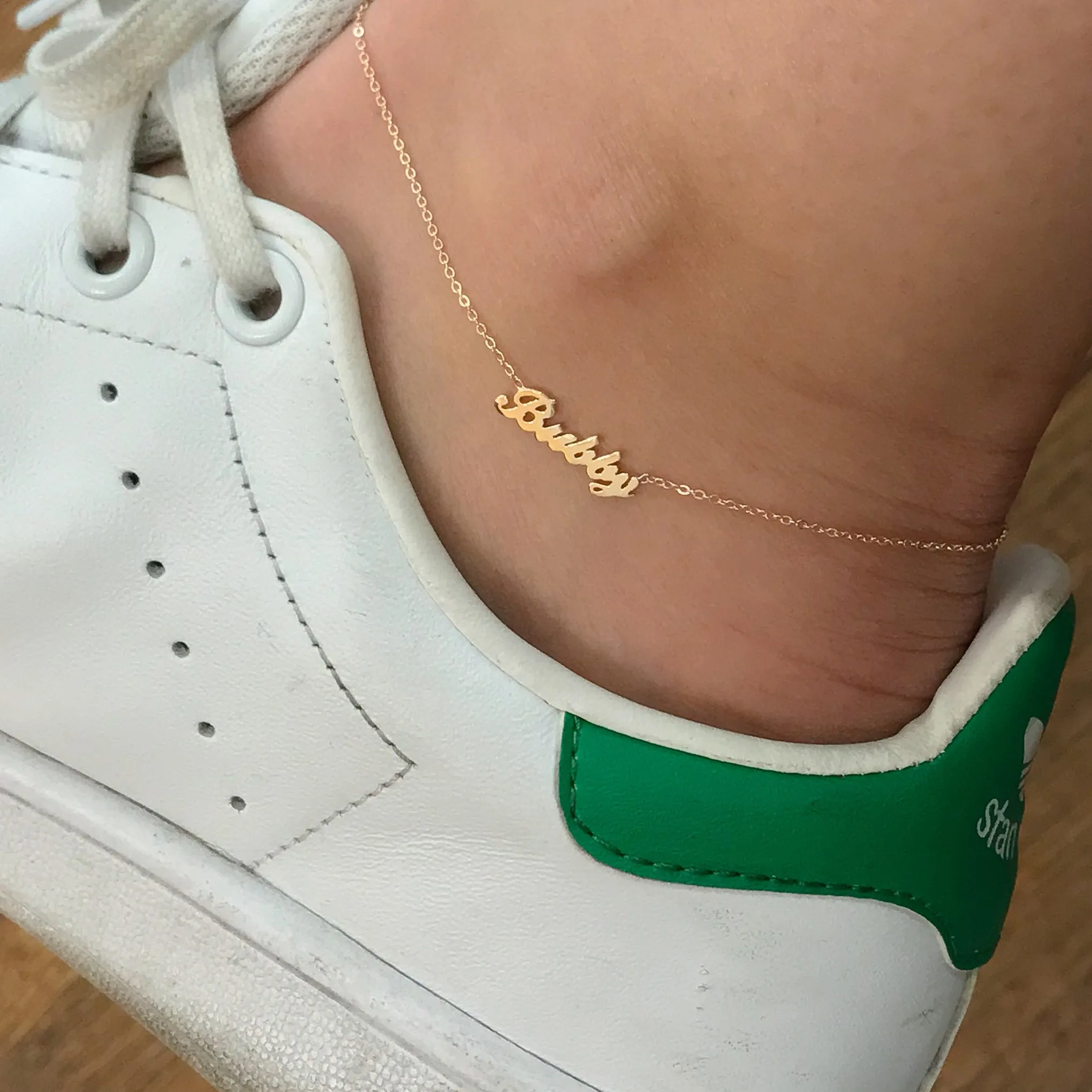 14K Gold Nameplate Charm Ankle Bracelet (Anklet) ~ Script Font