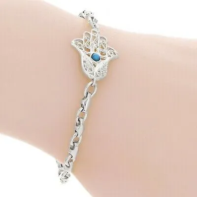 14k White Gold Hamsa Hand of Fatima Charm Bracelet with Turquoise 7.5" 10.5g