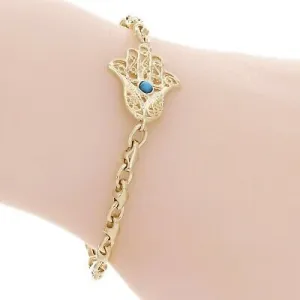 14k Yellow Gold Hamsa Hand of Fatima Charm Bracelet with Turquoise 7.5" 10.5g