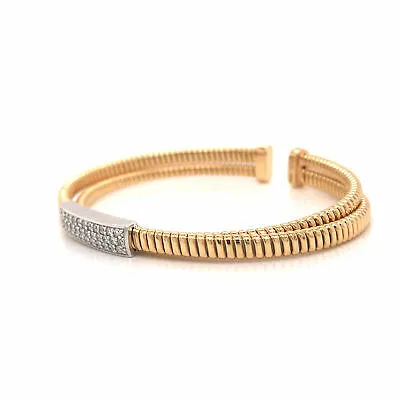 18K Diamond Pave Station Flexible Open Back Bangle Bracelet Two-Tone Gold
