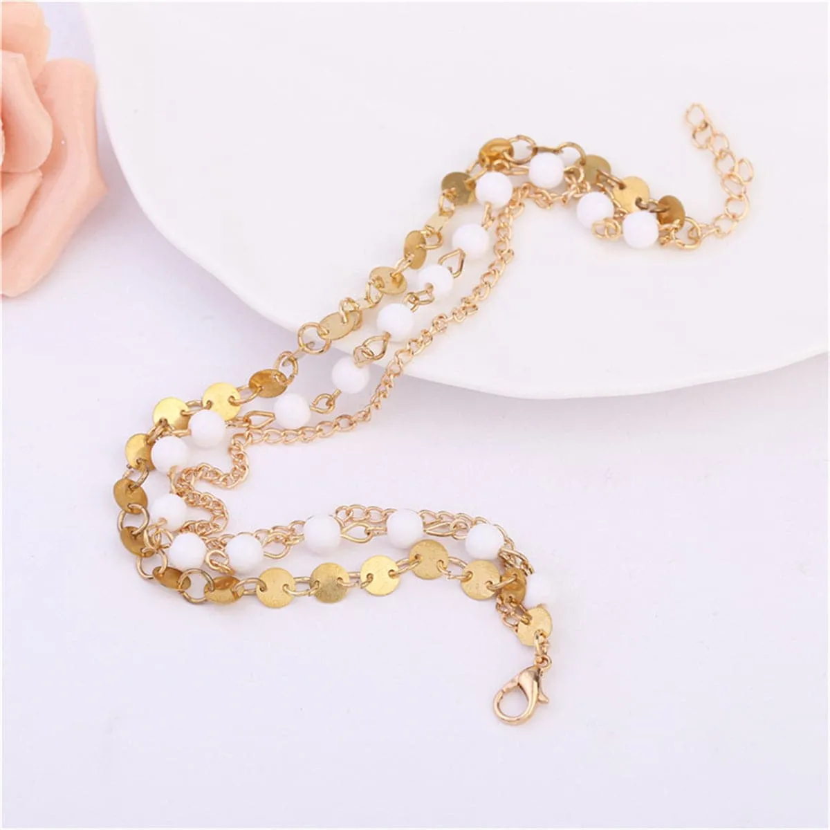18K Gold-Plated & White Beaded Anklet