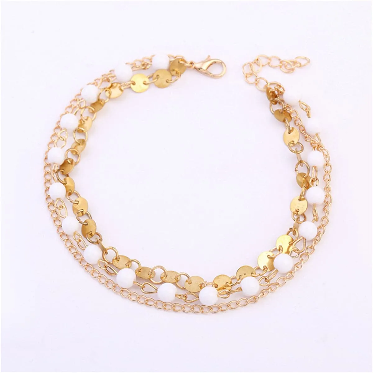 18K Gold-Plated & White Beaded Anklet