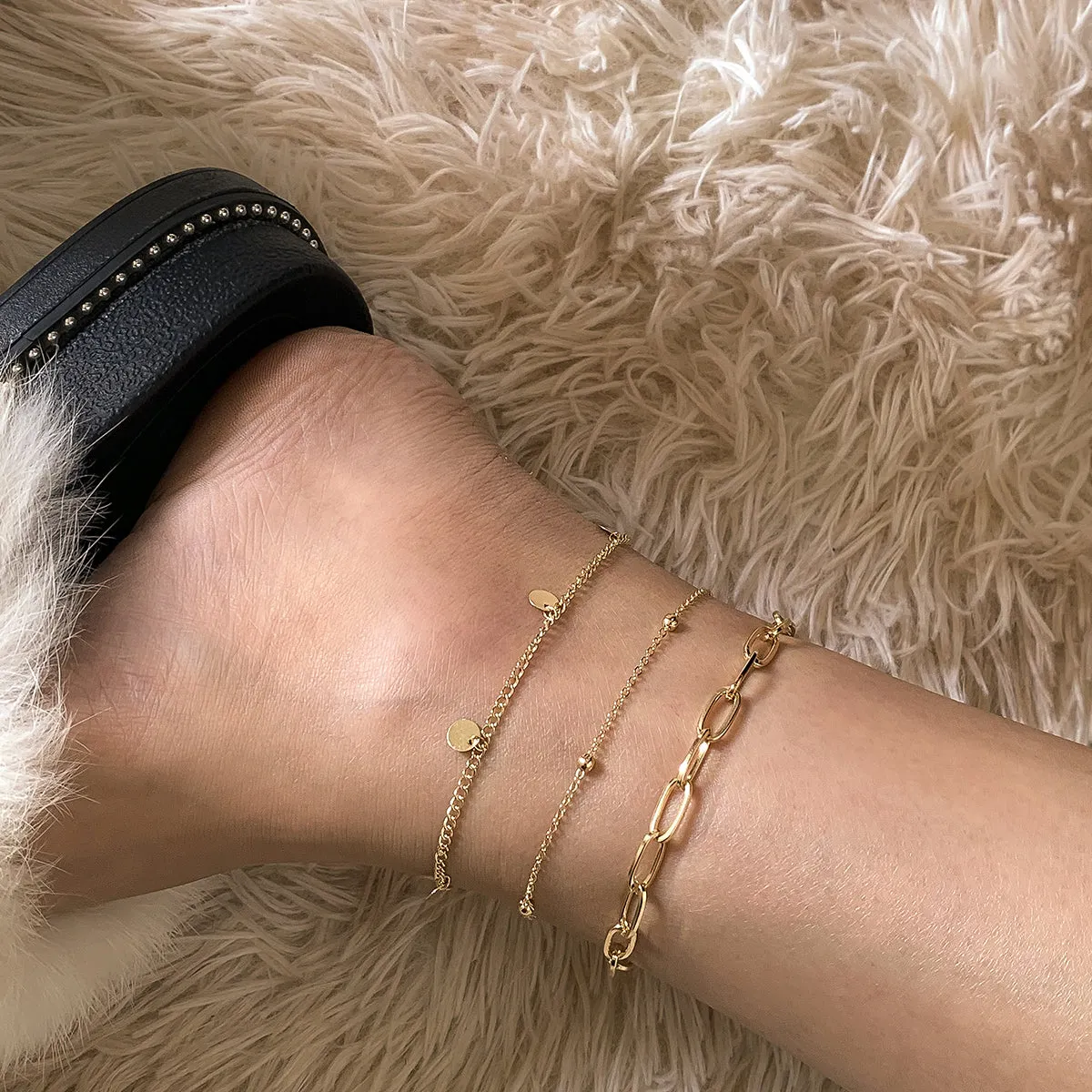 18K Gold-Plated Disc Station Anklet Set