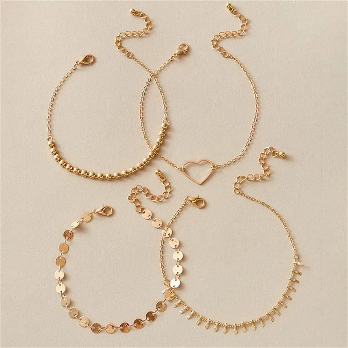 18K Gold-Plated Open Heart & Beaded Anklet Set