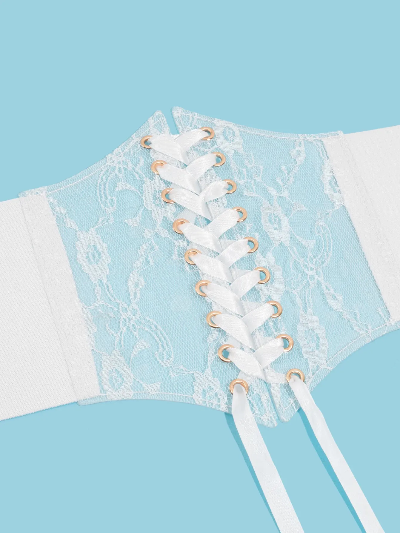 1pc Eyelet Decor Floral Print Lace Up Front Corset Belt - White