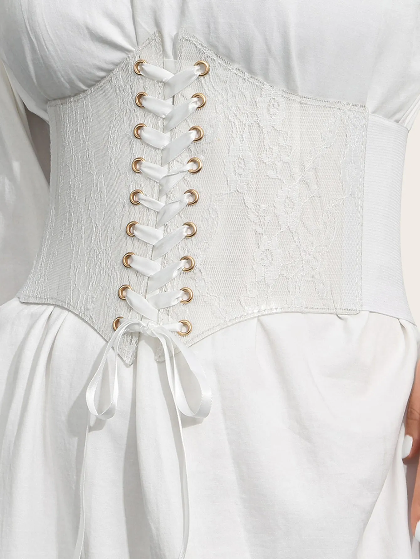 1pc Eyelet Decor Floral Print Lace Up Front Corset Belt - White