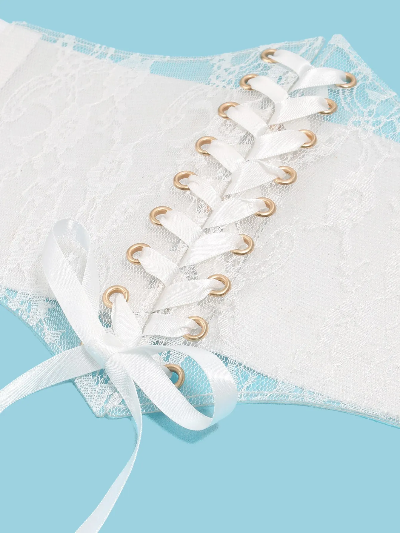 1pc Eyelet Decor Floral Print Lace Up Front Corset Belt - White