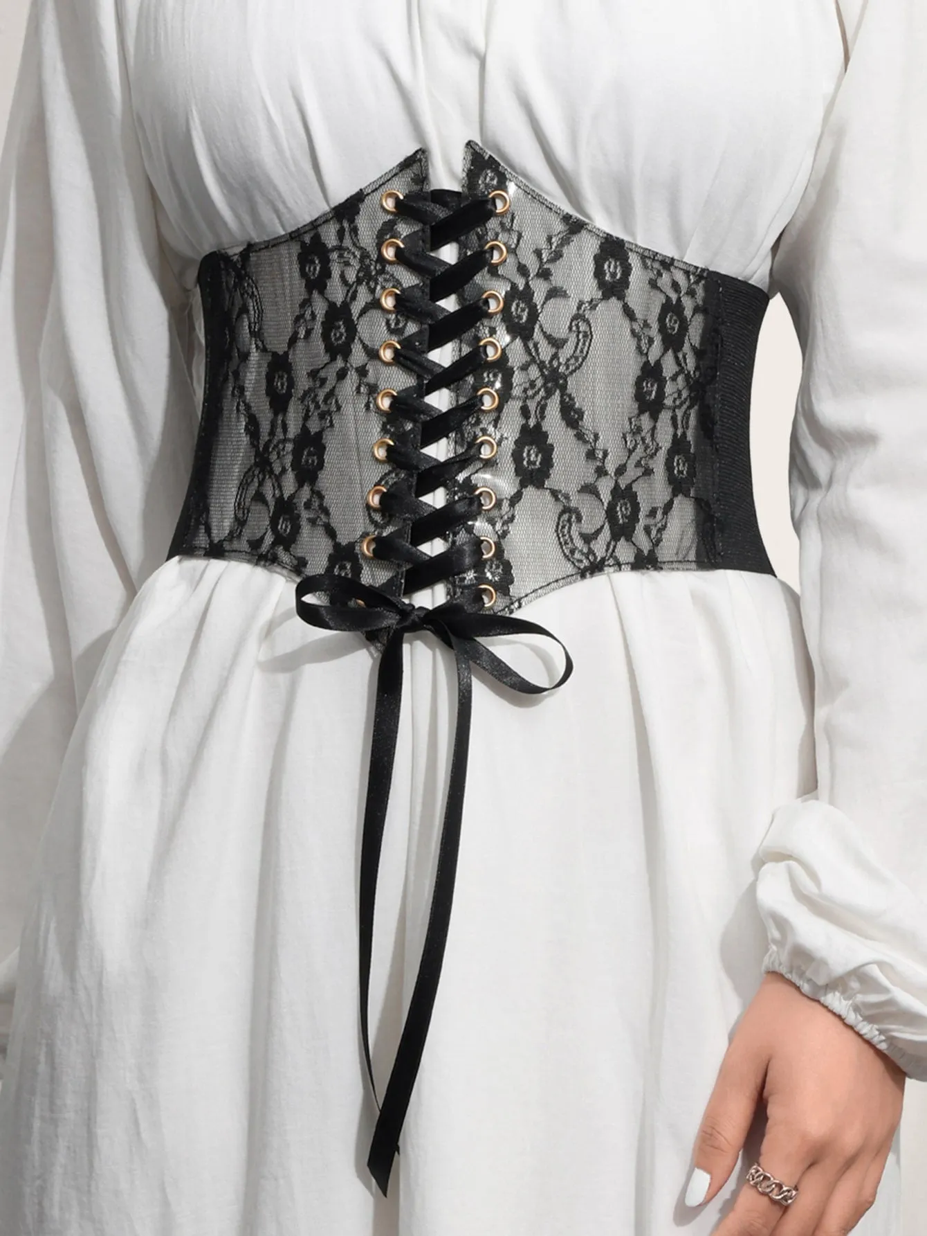 1pc Grommet Lace Up Front Corset Belt - Black