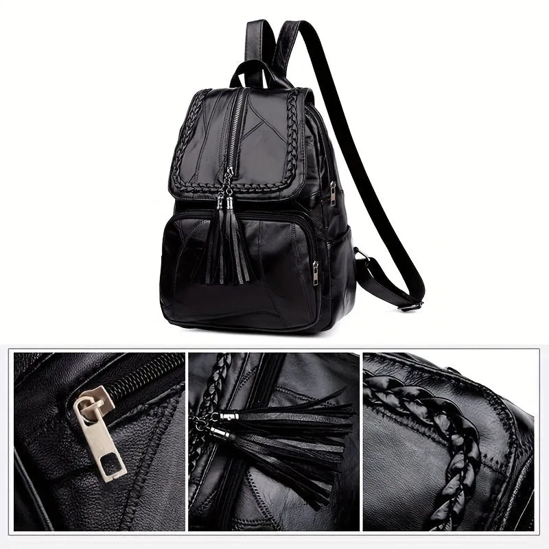 1pc Simple Black Flap Backpack, Plaid Pattern Bag Wth Tassel, Embossed Bag, Women Backpacks,  Lightweight Double Shoulder Bag, Outdoor Backpack For Teenagers Girls