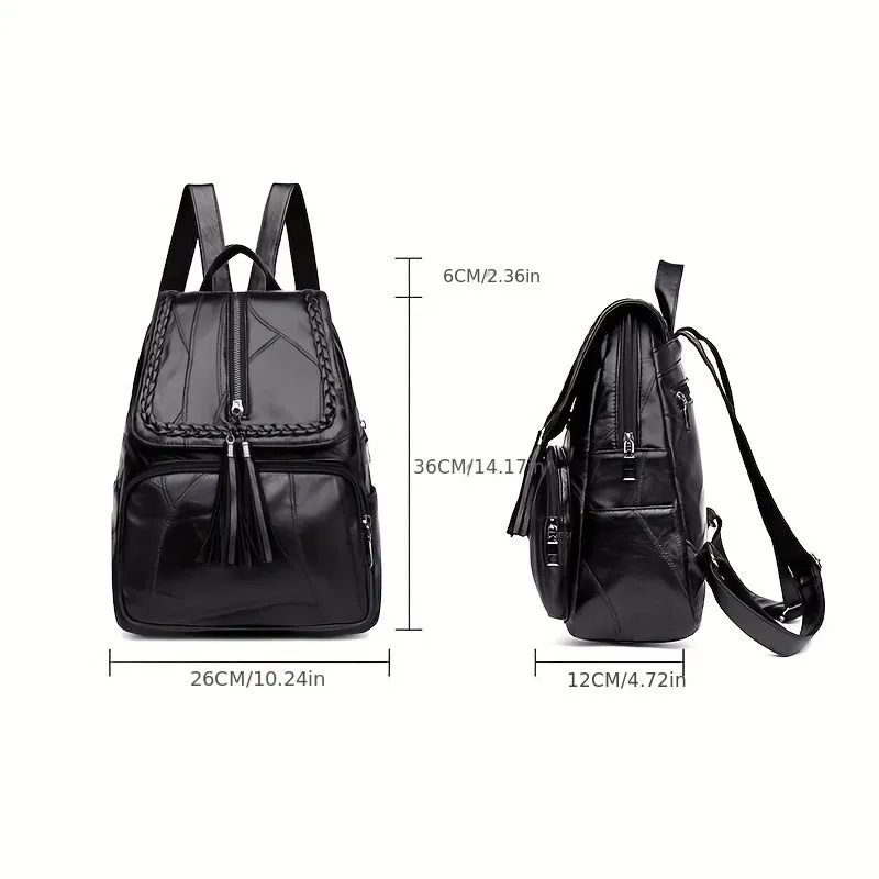 1pc Simple Black Flap Backpack, Plaid Pattern Bag Wth Tassel, Embossed Bag, Women Backpacks,  Lightweight Double Shoulder Bag, Outdoor Backpack For Teenagers Girls