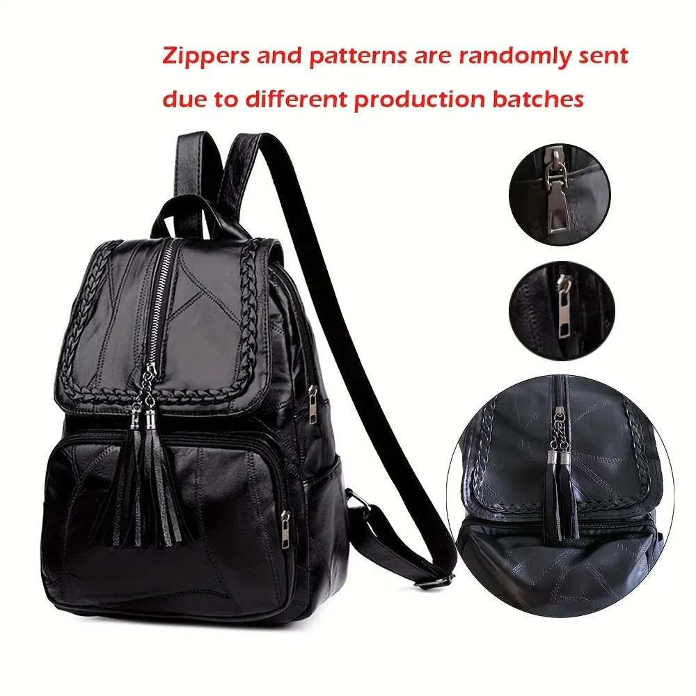 1pc Simple Black Flap Backpack, Plaid Pattern Bag Wth Tassel, Embossed Bag, Women Backpacks,  Lightweight Double Shoulder Bag, Outdoor Backpack For Teenagers Girls