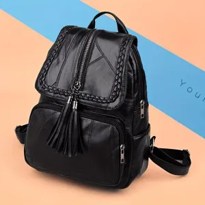 1pc Simple Black Flap Backpack, Plaid Pattern Bag Wth Tassel, Embossed Bag, Women Backpacks,  Lightweight Double Shoulder Bag, Outdoor Backpack For Teenagers Girls