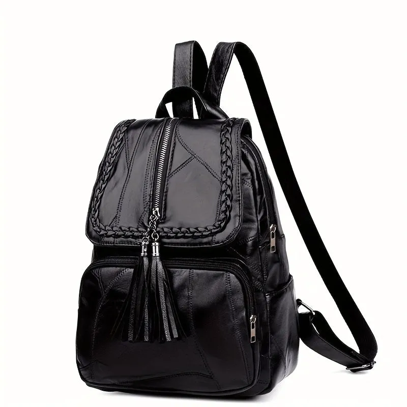 1pc Simple Black Flap Backpack, Plaid Pattern Bag Wth Tassel, Embossed Bag, Women Backpacks,  Lightweight Double Shoulder Bag, Outdoor Backpack For Teenagers Girls