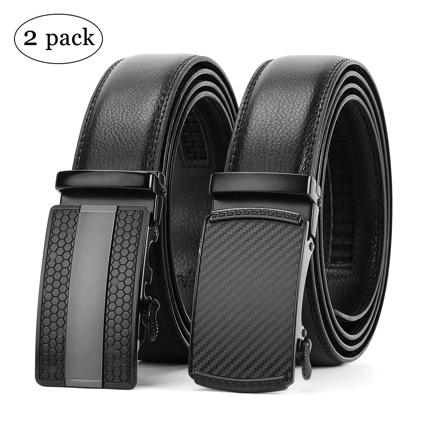 2 Pack Leather Ratchet Dress Belt for Men Perfect Fit Waist Size Up to 44" with Automatic Buckle