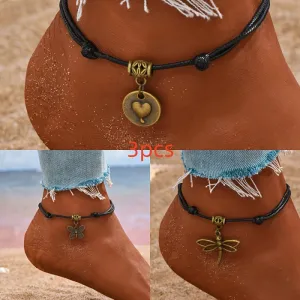 3-Piece Boho Woven Ankle Bracelet Set – Dragonfly, Butterfly & Love Pendants