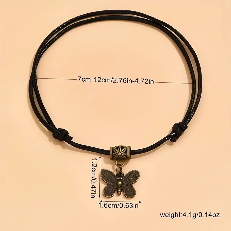 3-Piece Boho Woven Ankle Bracelet Set – Dragonfly, Butterfly & Love Pendants