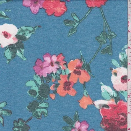 3 YD PC-Teal/Red/Orchid Floral Double Brushed French Terry Knit Fabric