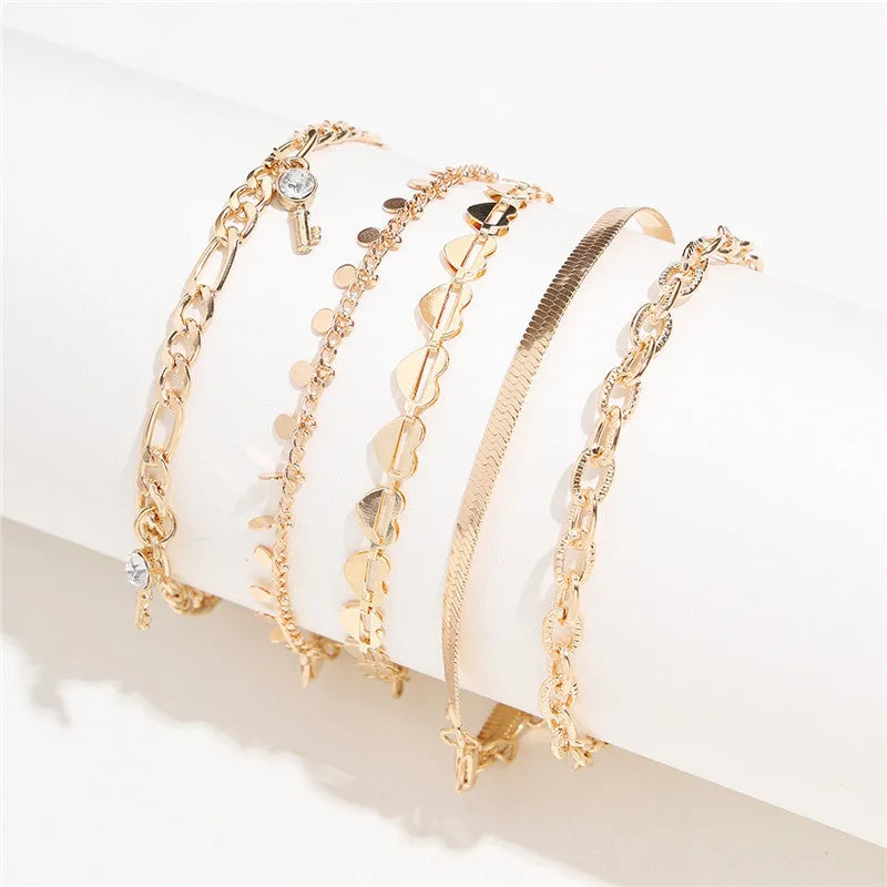 5 Pcs Women Fashion Gold Color Heart Crystal Key Anklets For Women Trendy Snake Chain Anklets For Women Foot Jewelry Gifts