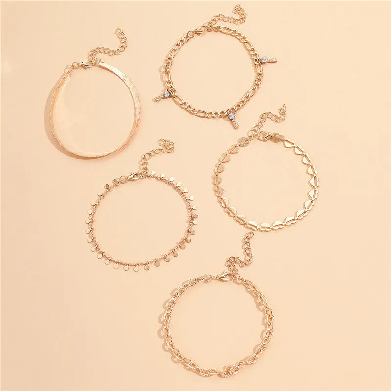 5 Pcs Women Fashion Gold Color Heart Crystal Key Anklets For Women Trendy Snake Chain Anklets For Women Foot Jewelry Gifts