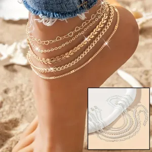 5pcs Bohemian Airplane & Heart-Shaped Chain Anklets – Fashion Design Beach Foot Chain Jewelry for Women, Summer Style