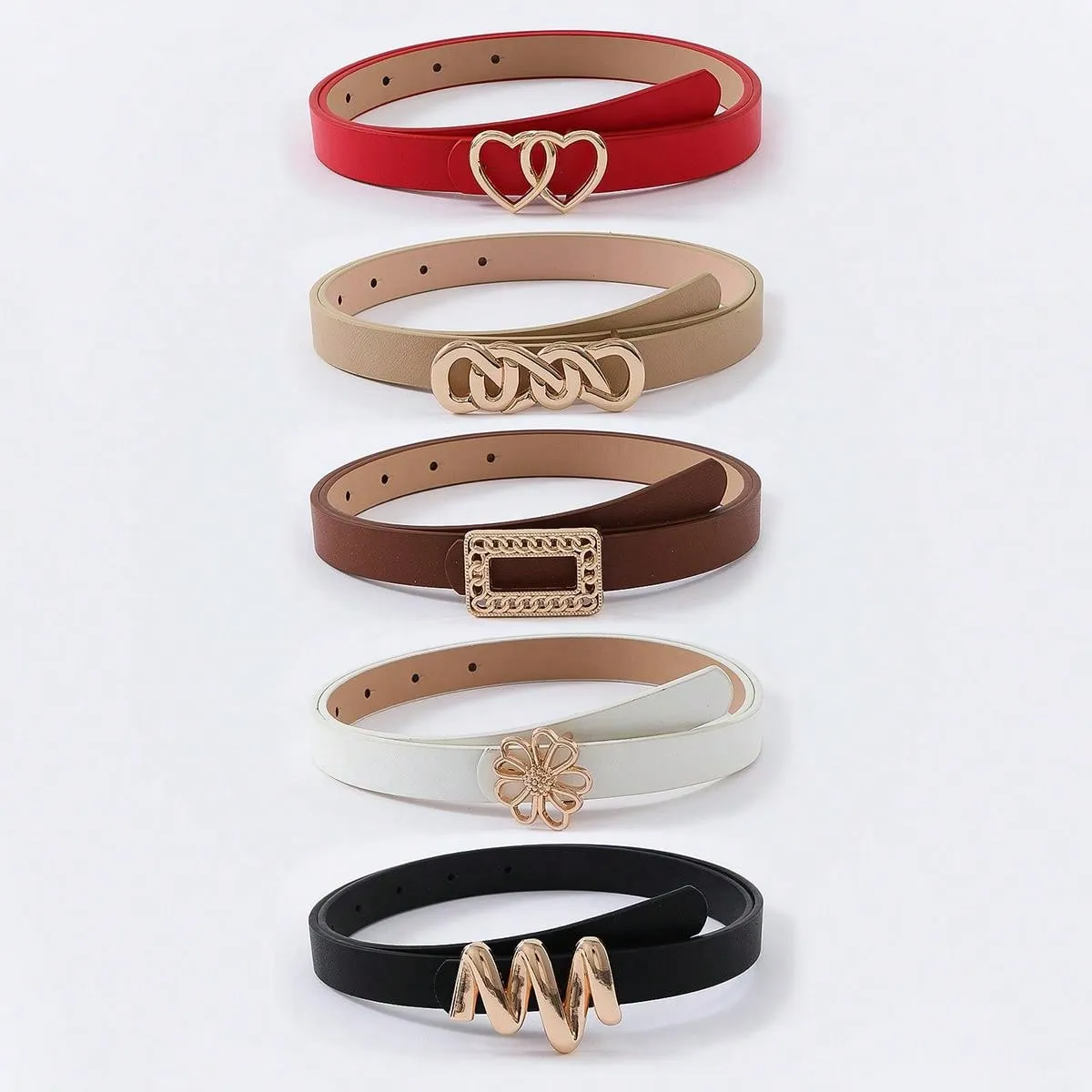 5pcs/set Floral, Letter & Heart Detail Thin Belt - Multicolor