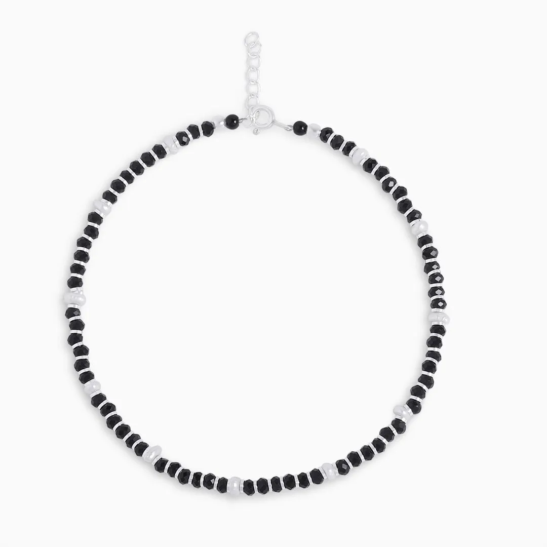 925 Sterling Silver Classy White and Black Beads Silver Anklet