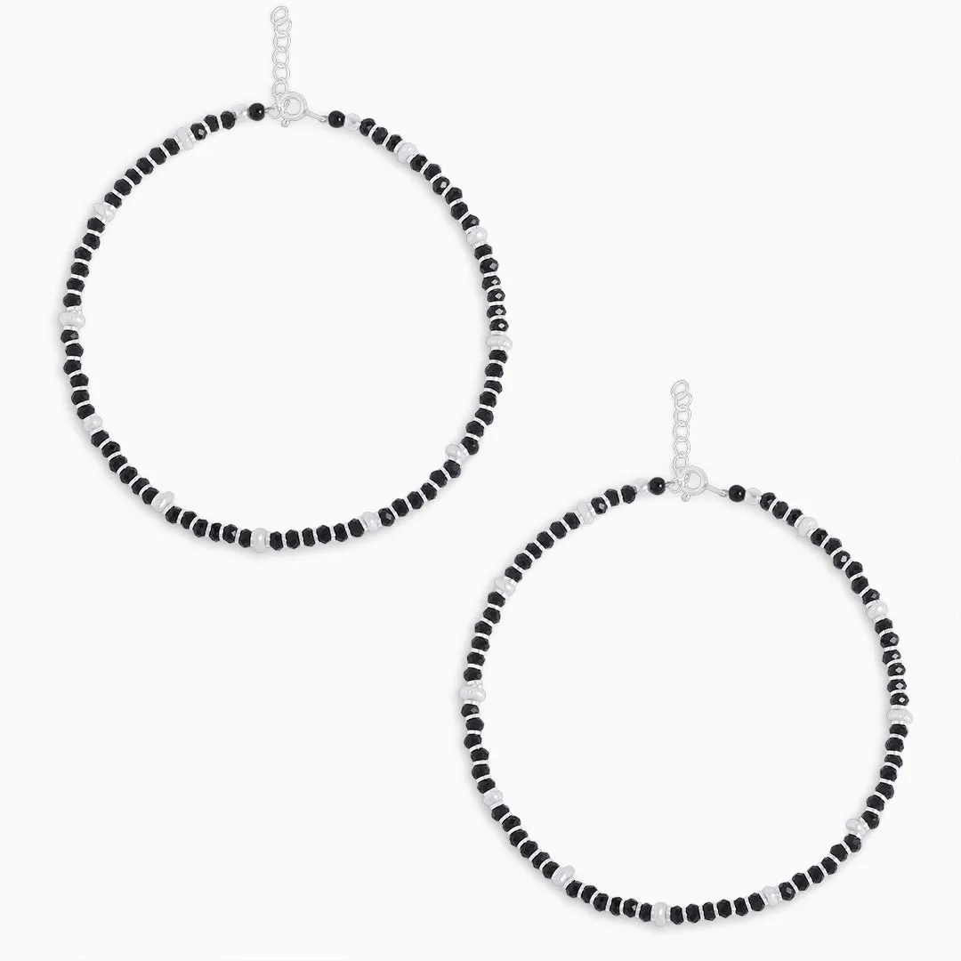 925 Sterling Silver Classy White and Black Beads Silver Anklet