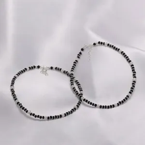 925 Sterling Silver Classy White and Black Beads Silver Anklet