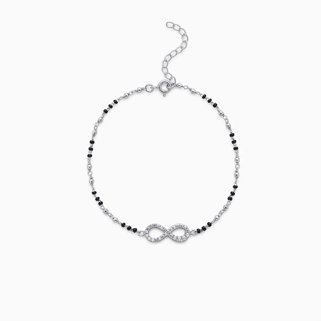 925 Sterling Silver Cz Infinity Black Bead Silver Anklet