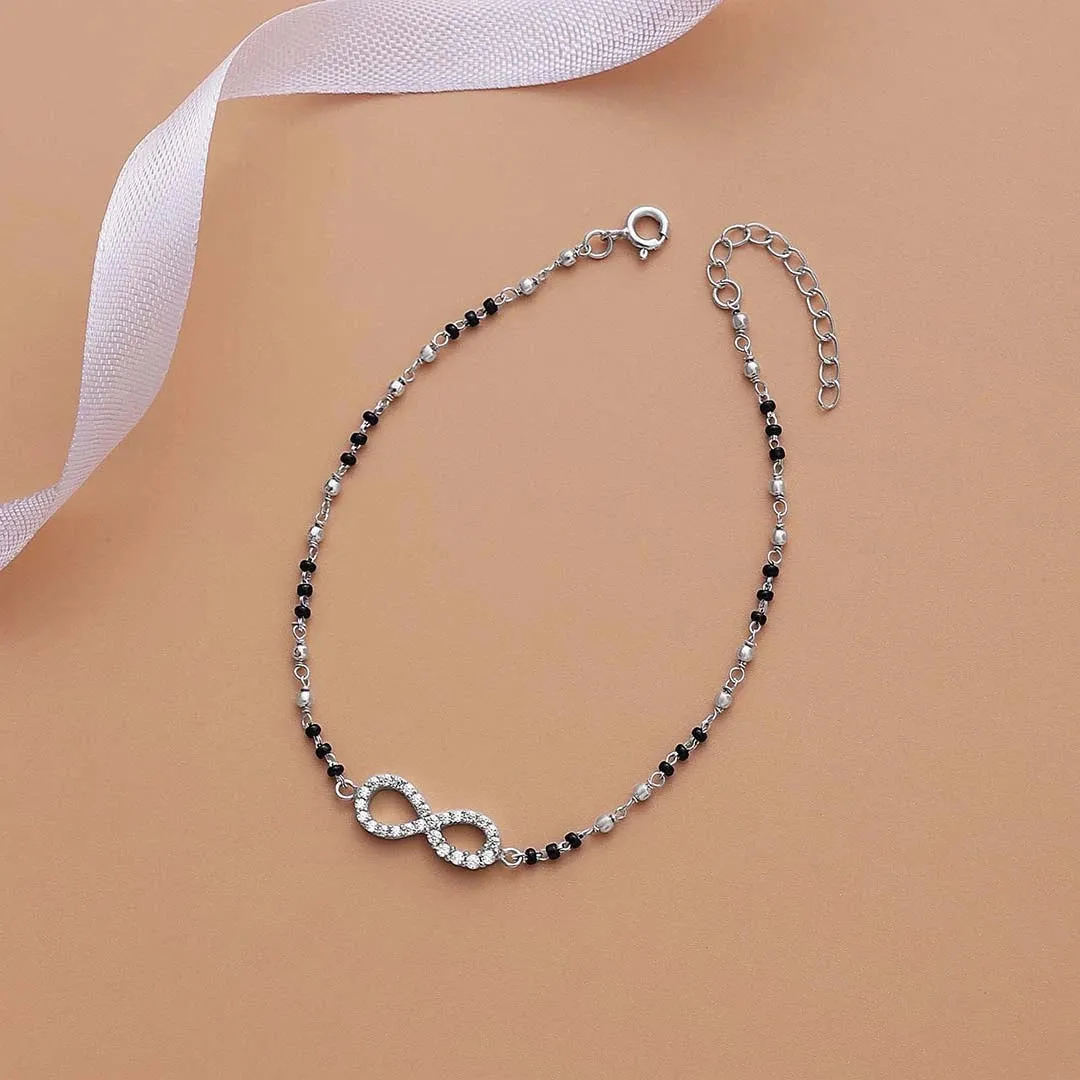 925 Sterling Silver Cz Infinity Black Bead Silver Anklet