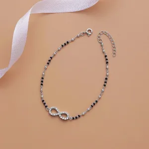 925 Sterling Silver Cz Infinity Black Bead Silver Anklet