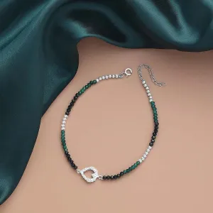 925 Sterling Silver Evergreen Black Beads Heart Anklet
