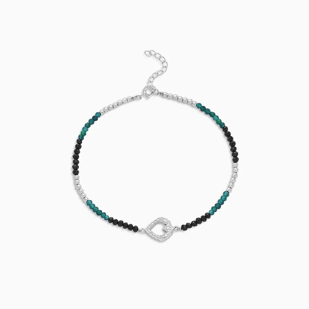 925 Sterling Silver Evergreen Black Beads Heart Anklet