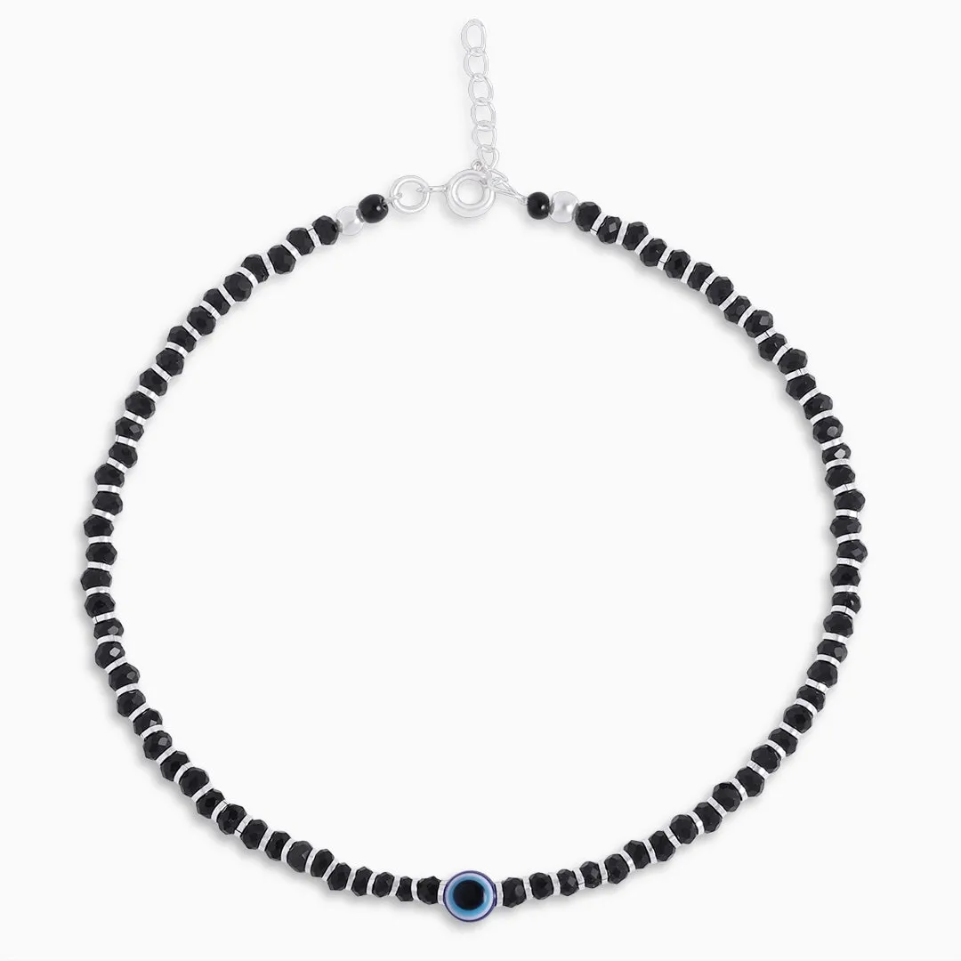 925 Sterling Silver Evil Eye Protection Black Beads Anklet