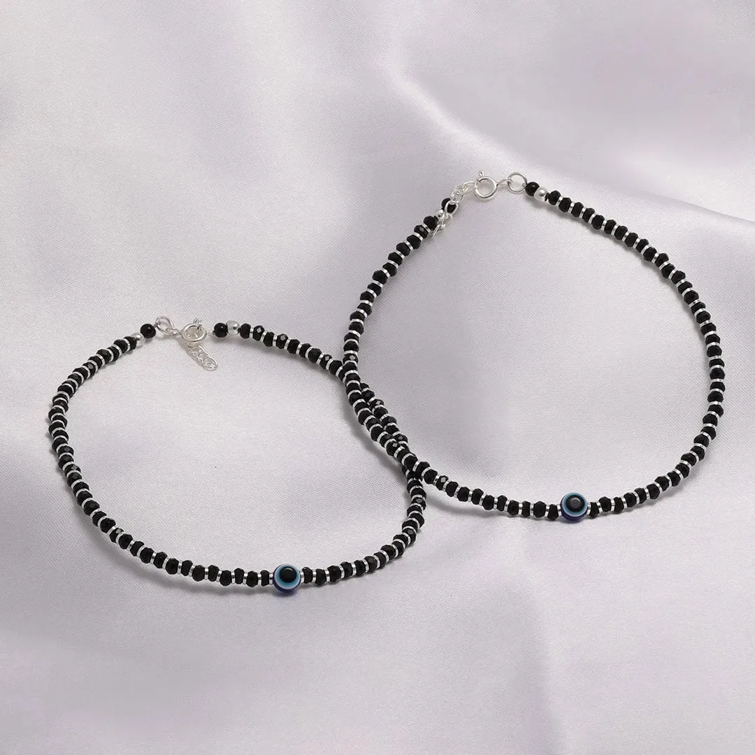 925 Sterling Silver Evil Eye Protection Black Beads Anklet