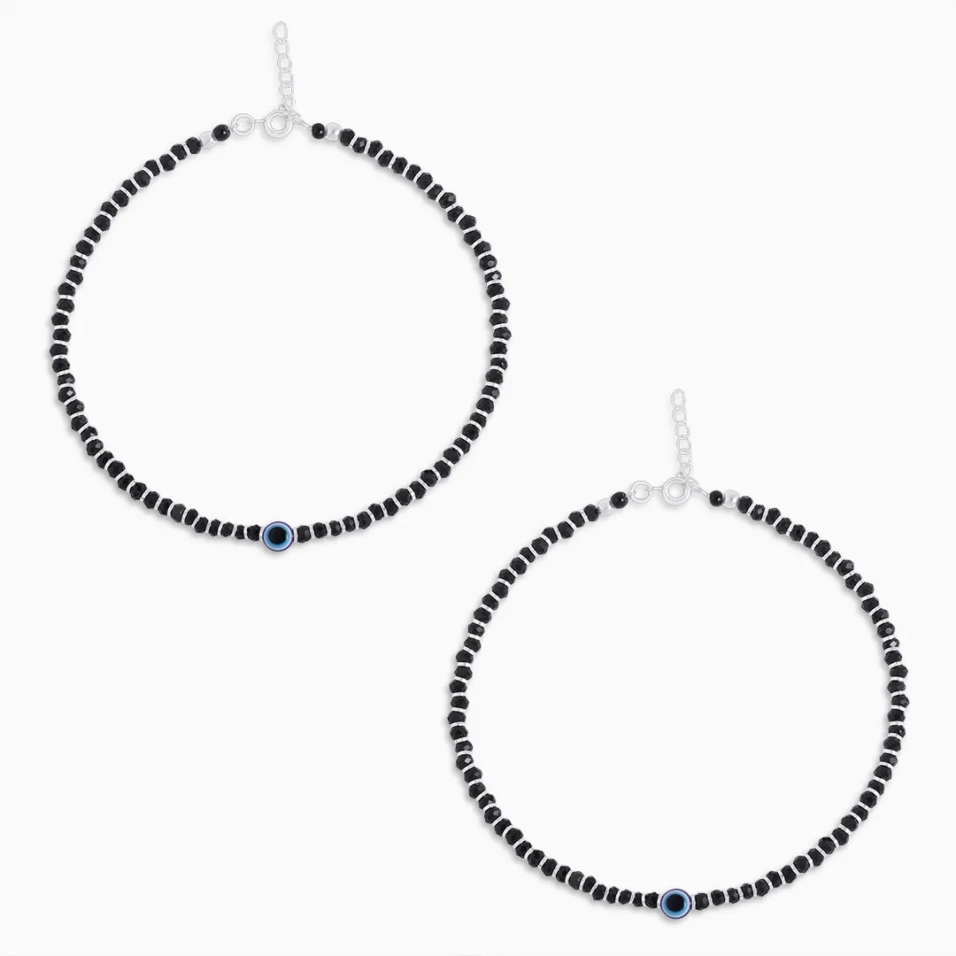 925 Sterling Silver Evil Eye Protection Black Beads Anklet