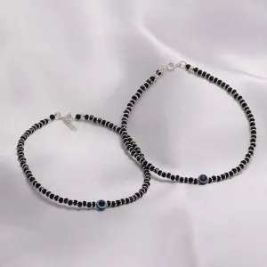 925 Sterling Silver Evil Eye Protection Black Beads Anklet