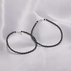 925 Sterling Silver Minimal Black Crystal Beaded Silver Anklet