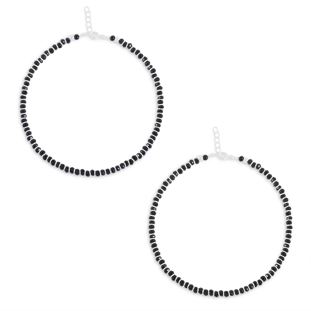 925 Sterling Silver Minimal Black Crystal Beaded Silver Anklet