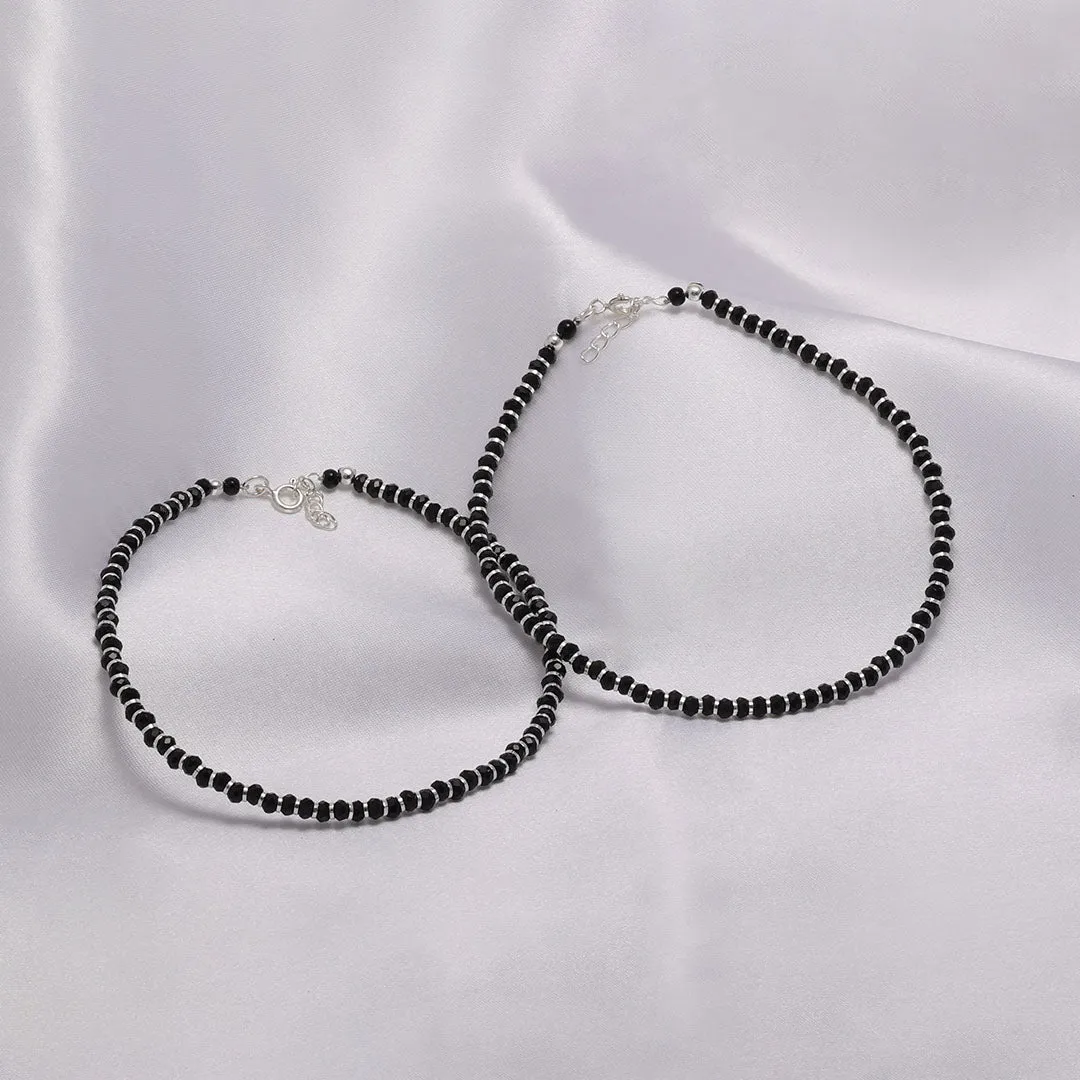 925 Sterling Silver Minimal Black Crystal Beaded Silver Anklet