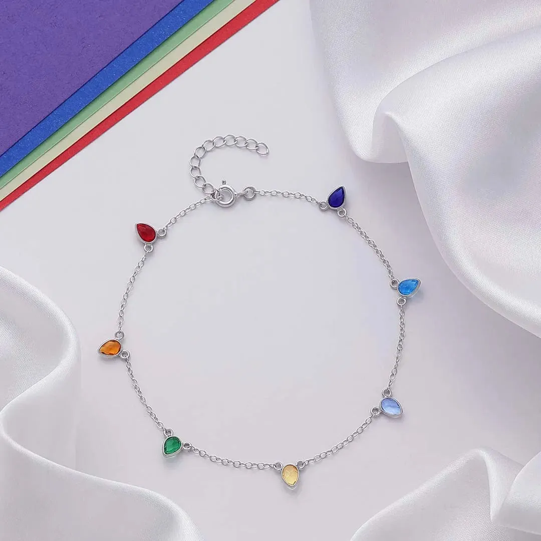 925 Sterling Silver Multicolor Drops Silver Anklet