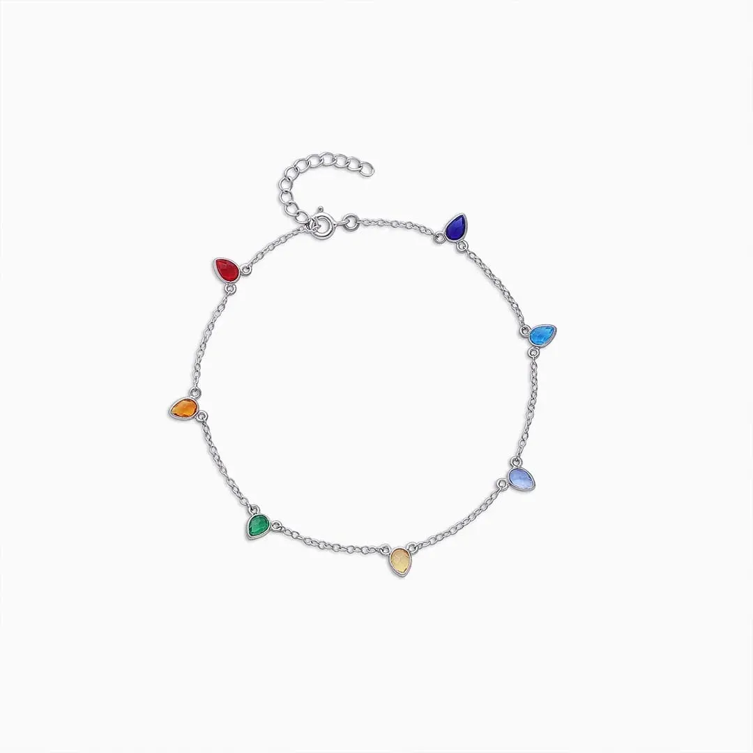 925 Sterling Silver Multicolor Drops Silver Anklet