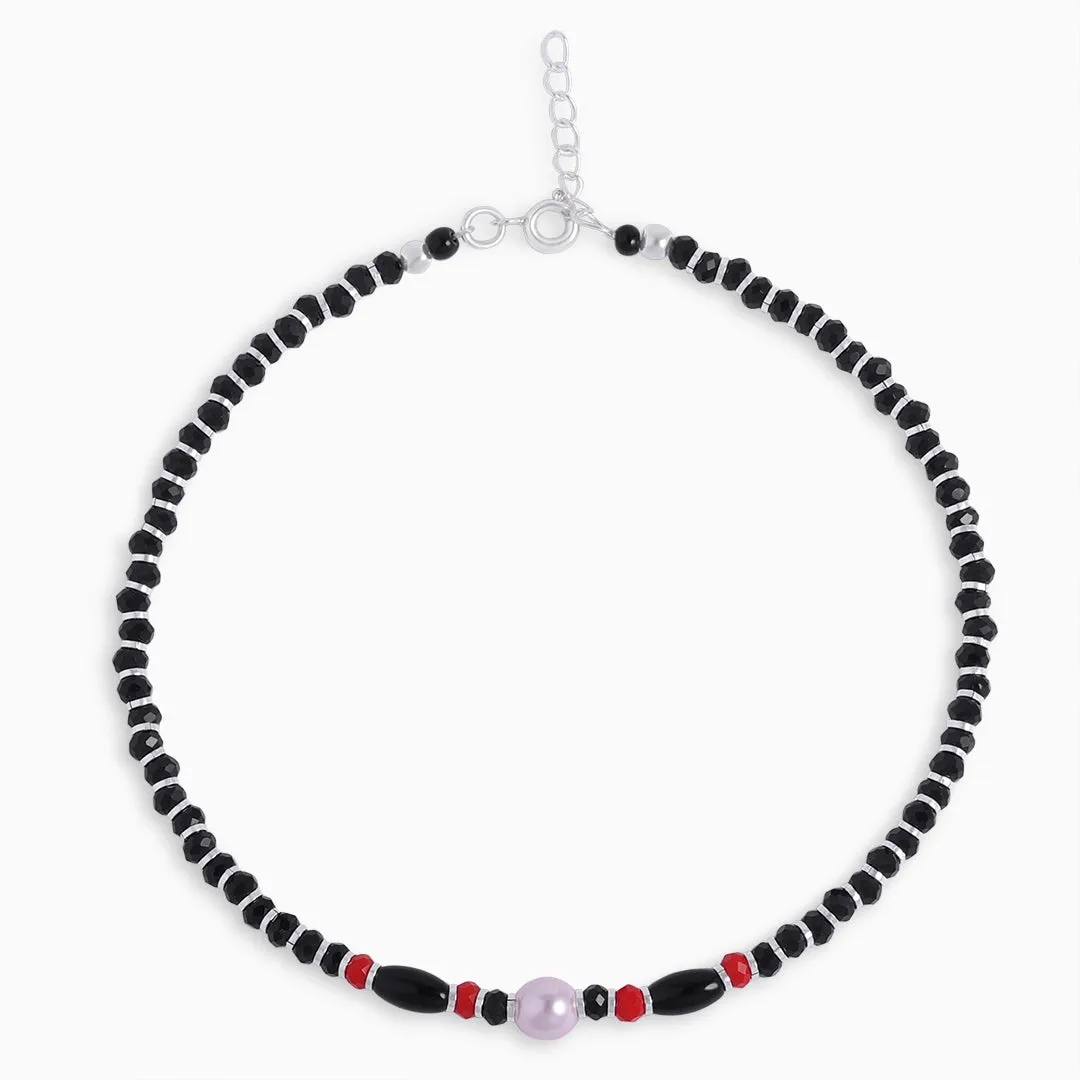 925 Sterling Silver Pearl Charm With Red Black Beads Silver Anklets