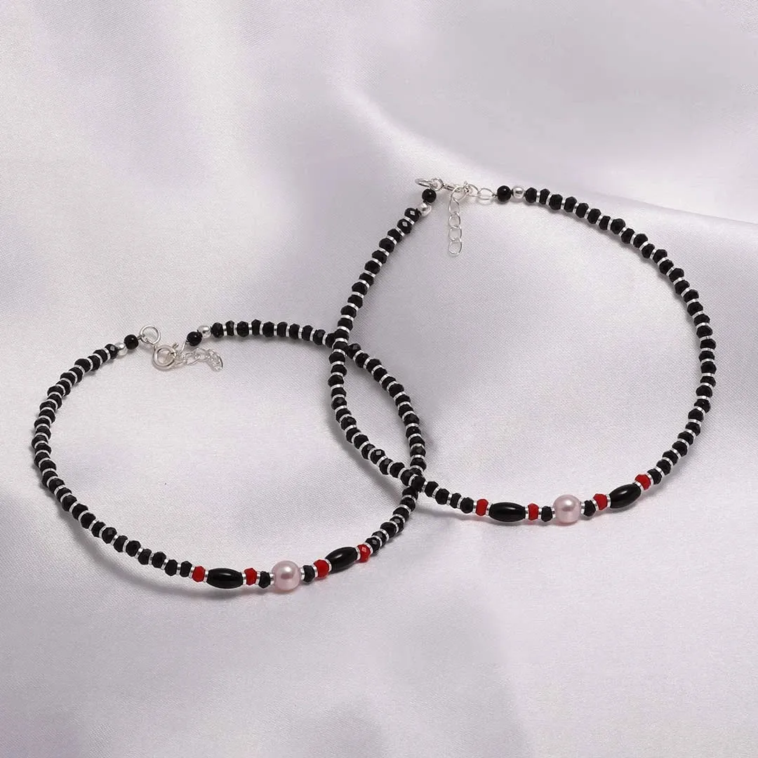 925 Sterling Silver Pearl Charm With Red Black Beads Silver Anklets