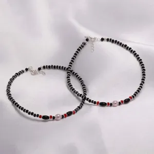925 Sterling Silver Pearl Charm With Red Black Beads Silver Anklets