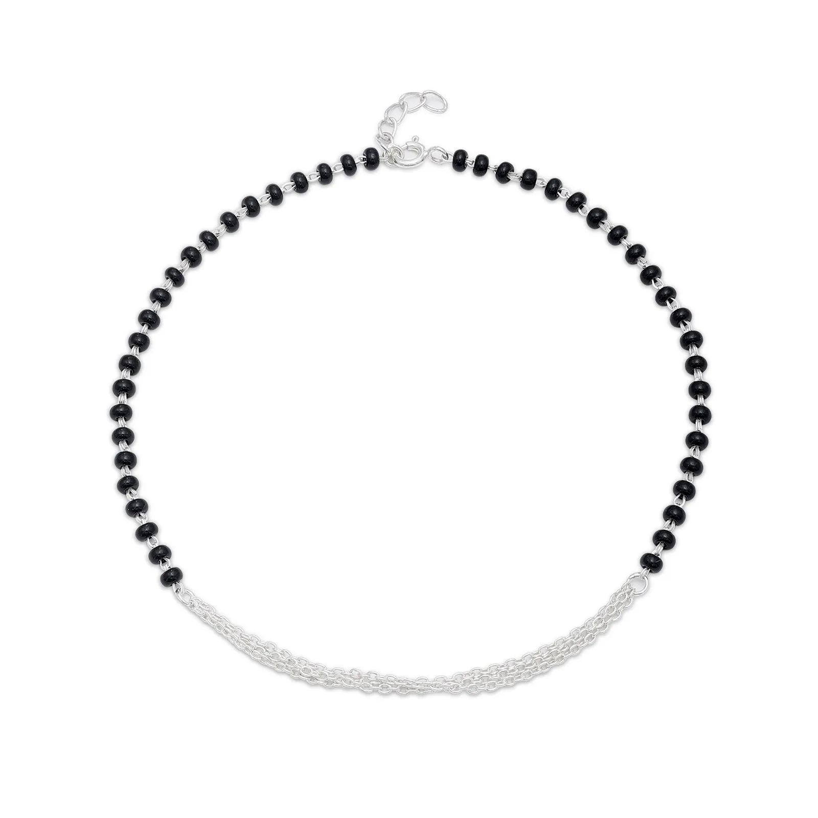 925 Sterling Silver Shiny Black Beads Anklet